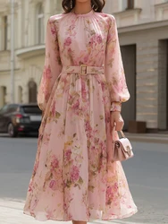 Sashes Patchwork Printing Dress Femme Fashion Long Puff Sleeve Party Dress Spring Summer O Neck Holiday Chic Maxi Dress Vestidos