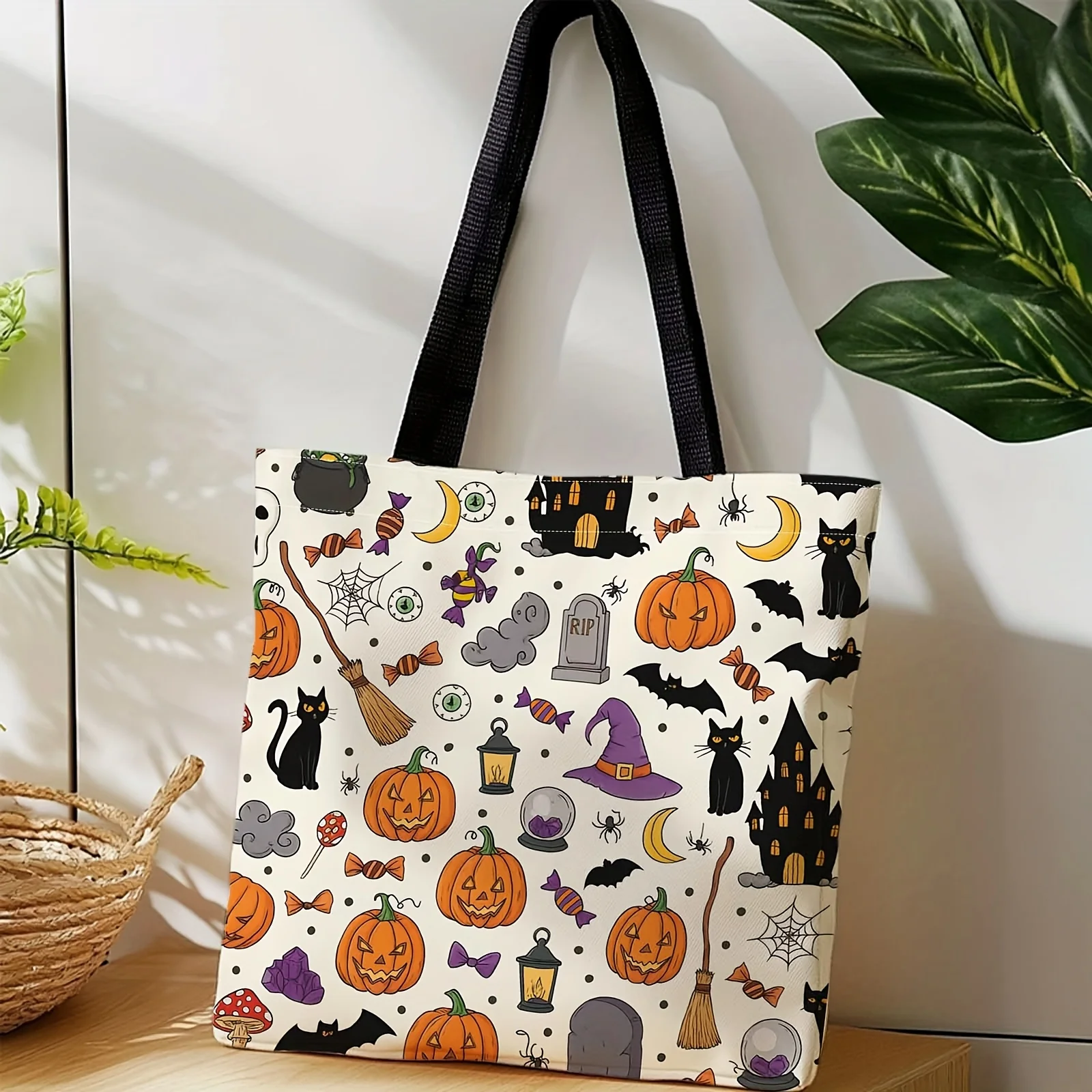 Shopper Tote Canvas Bag for Carrying by Hand Or Over The Shoulder, Perfect for Halloween with Designs of Pumpkins And Bats