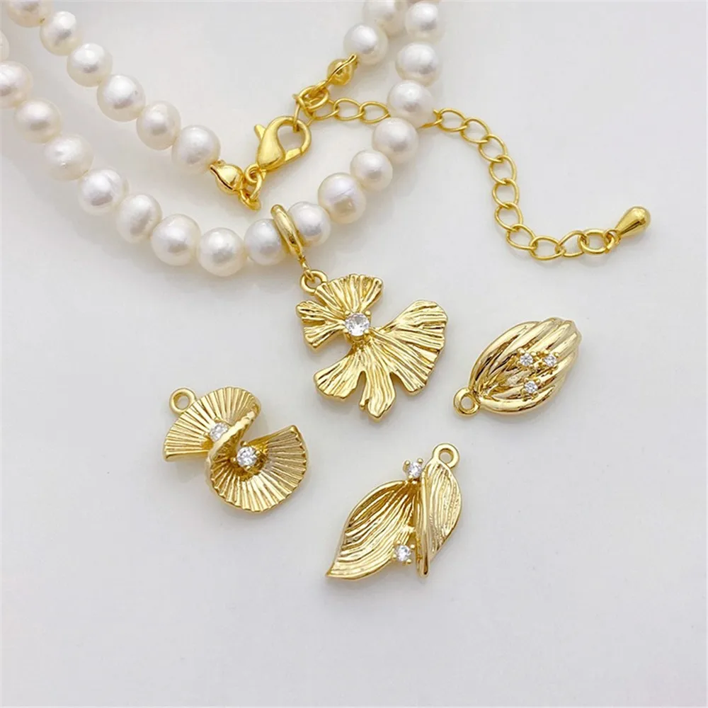 14K Gold Inlaid Zirconium Ginkgo Heart Leaf Pendant, Handcrafted DIY Bracelet, Necklace, Jewelry Material L536