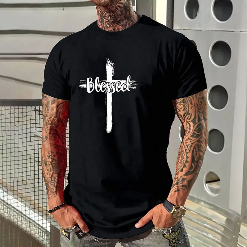 

Fashion Simple Men's Short Sleeve Tops New Standing Sacred Cross Printed T-Shirt Summer Round Neck Fitness Short Sleeve Clothing