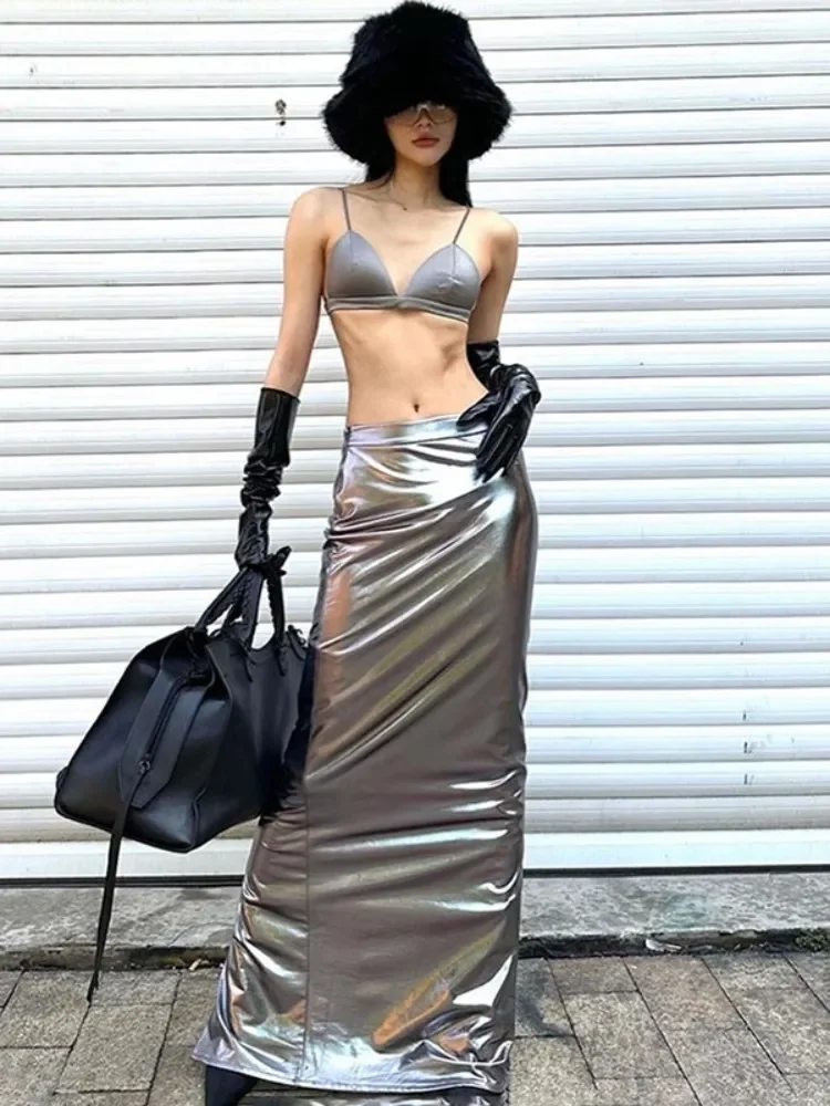 Silver Split Long Skirt For Women Clothing Low Waist Faldas Largas Slim Sexy Solid Faldones Para Mujer Fashion Simple Streetwear