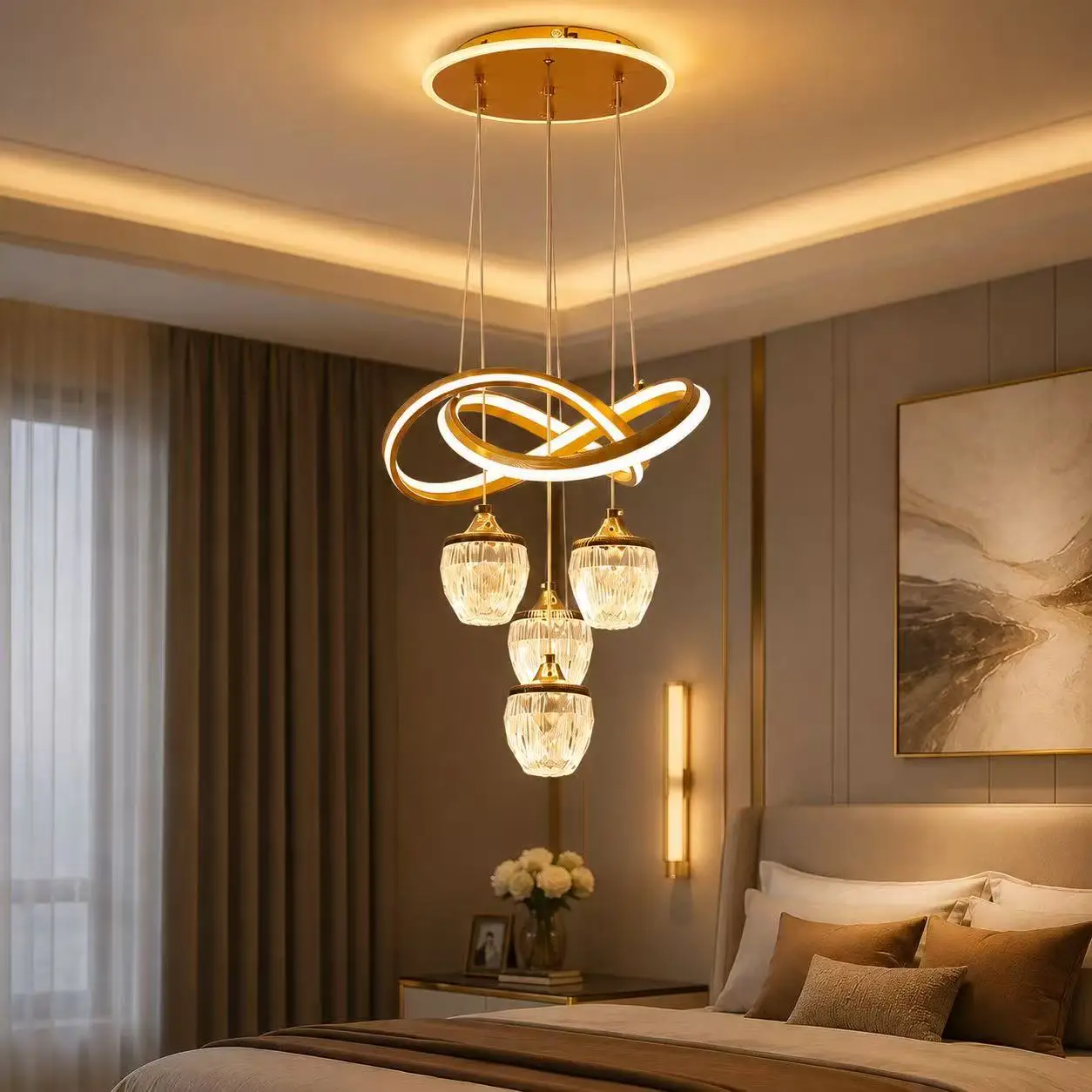 Modern Golden Infinity Ring Crystal Pendant Light 4 Lights LED Intertwined Rings Hanging Lamp 3 Color Dimmable Luxury Chandelier