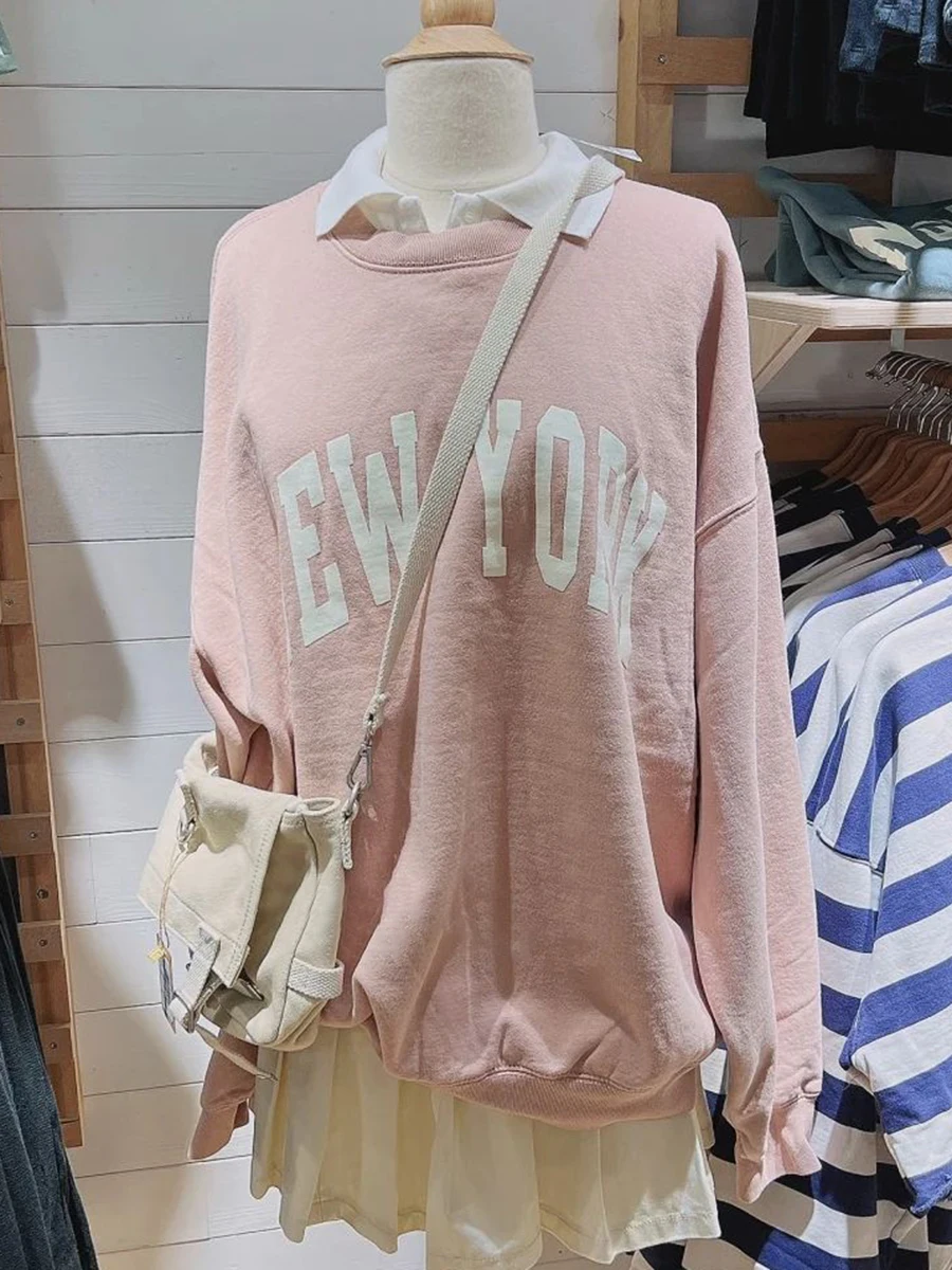 Letter Print Pink Loose Sweatshirt Woman Autumn O-neck Cotton Long Sleeve Pull Hoodie Fashion Preppy Style Oversized Top Y2k New