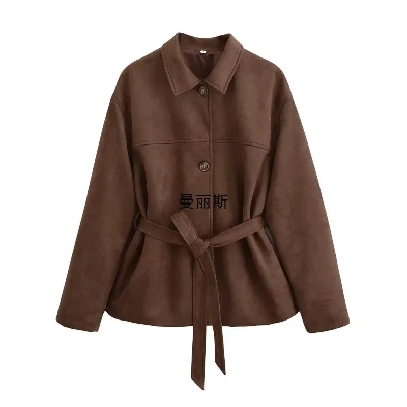 

Women's Faux Suede Loose Jacket Lapels Solid with Belt Long Sleeve Coat Front Button Female Fashion Chic Tops Shirt Style Jacket