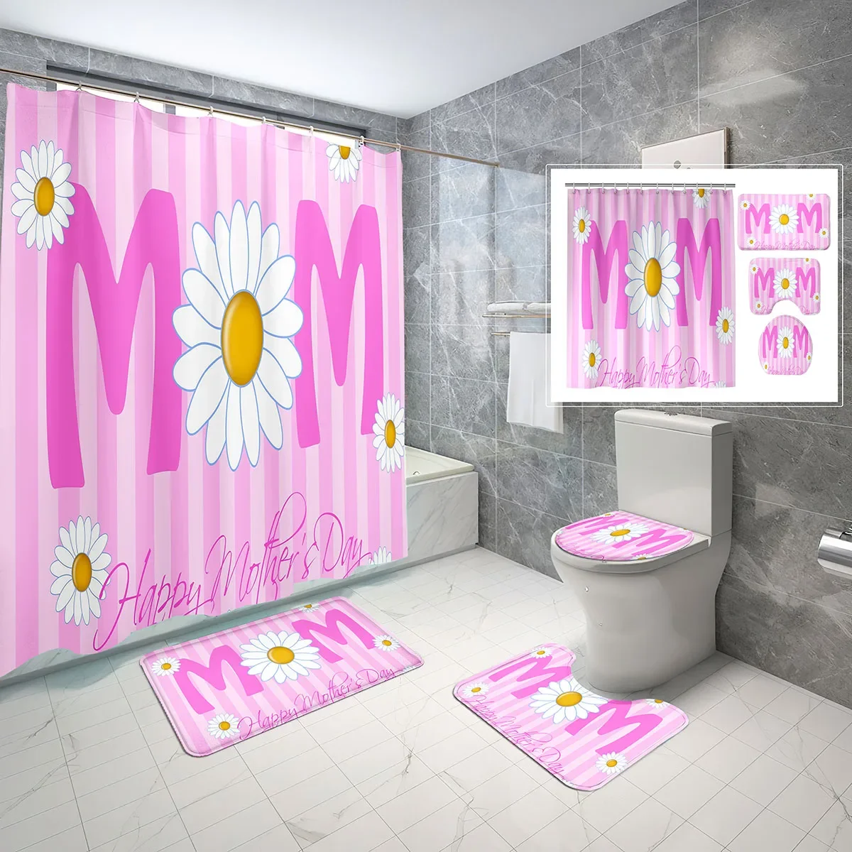 4 Pcs Mother's Day Shower Curtain Set with Toilet Lid Cover and Non-Slip Bath Mat Pink Background Waterproof Shower Curtain Sets