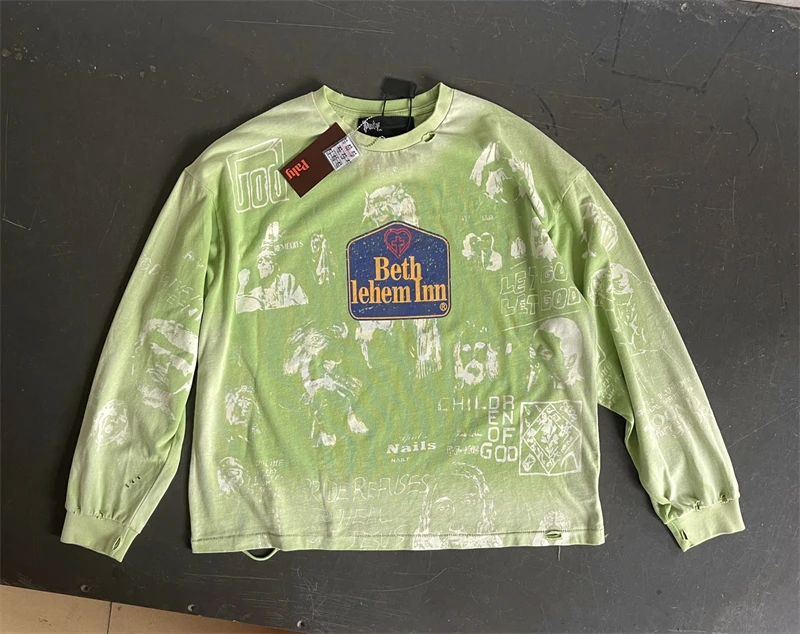New Play Hollyw Vintage Washed Trendy Versatile Long Sleeve T-Shirt Men Mint Green Gradient Distressed Printed Cotton Street Tee