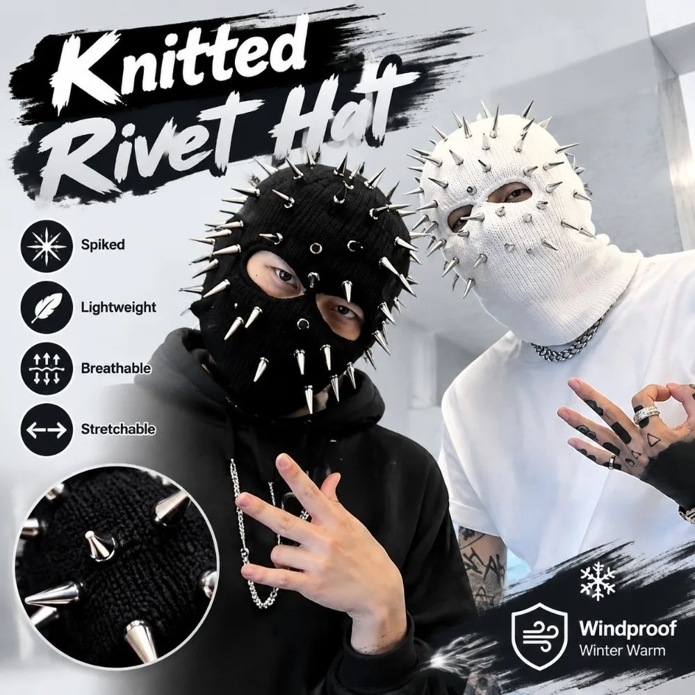 Punk Style Spiked Knitted Rivet Hat Breathable Lightweight Full Face Mask Winter Warm Stretchable Pullover Knitted Hat Party