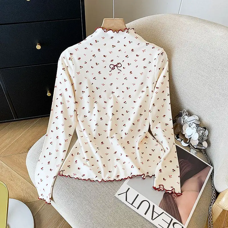 Women Dralon Warm Ruffle Trim Long Sleeve T Shirt Loose Slimming Autumn Winter Base Layer Top
