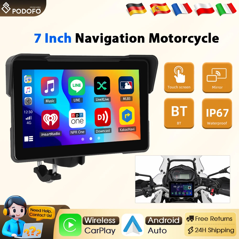 Podofo Draadloze Carplay Android 7-inch draagbare slimme speler Multimedia videospeler IP67 Waterdichte EQ BT