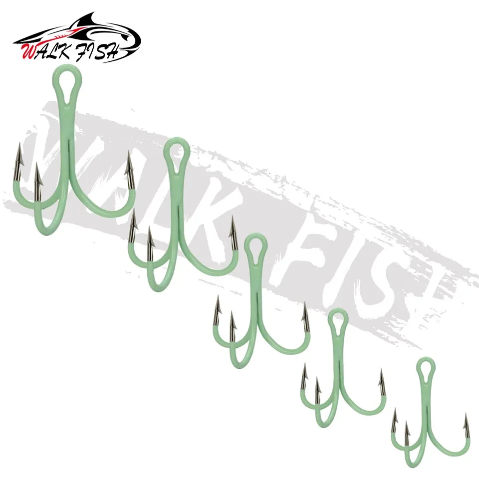 WALK FISH 10PCS/Lot High Carbon Steel Treble Fishing Hook Barbed Fishhooks Luminous Triple Hooks Sea Tackle Accessories