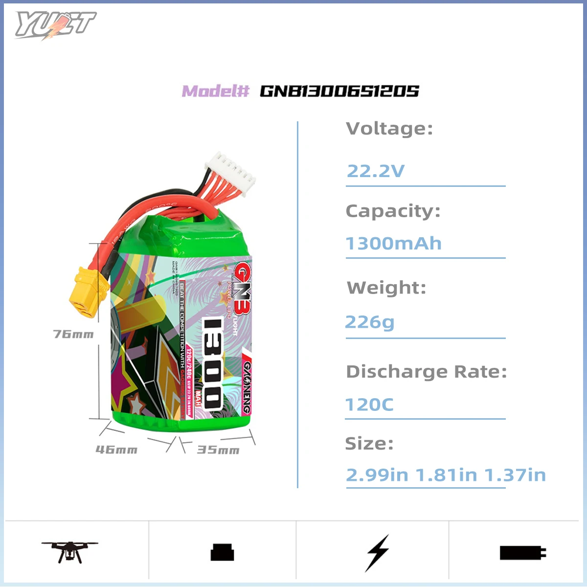 YUCT GNB 6S LiPo Batterie 22,2 V 1100 mAh 1300 mah 14,8 V 4S LIthium Batterie XT60 120C/Max240C Für FPV Drone Quadcopter Tiny Whoop