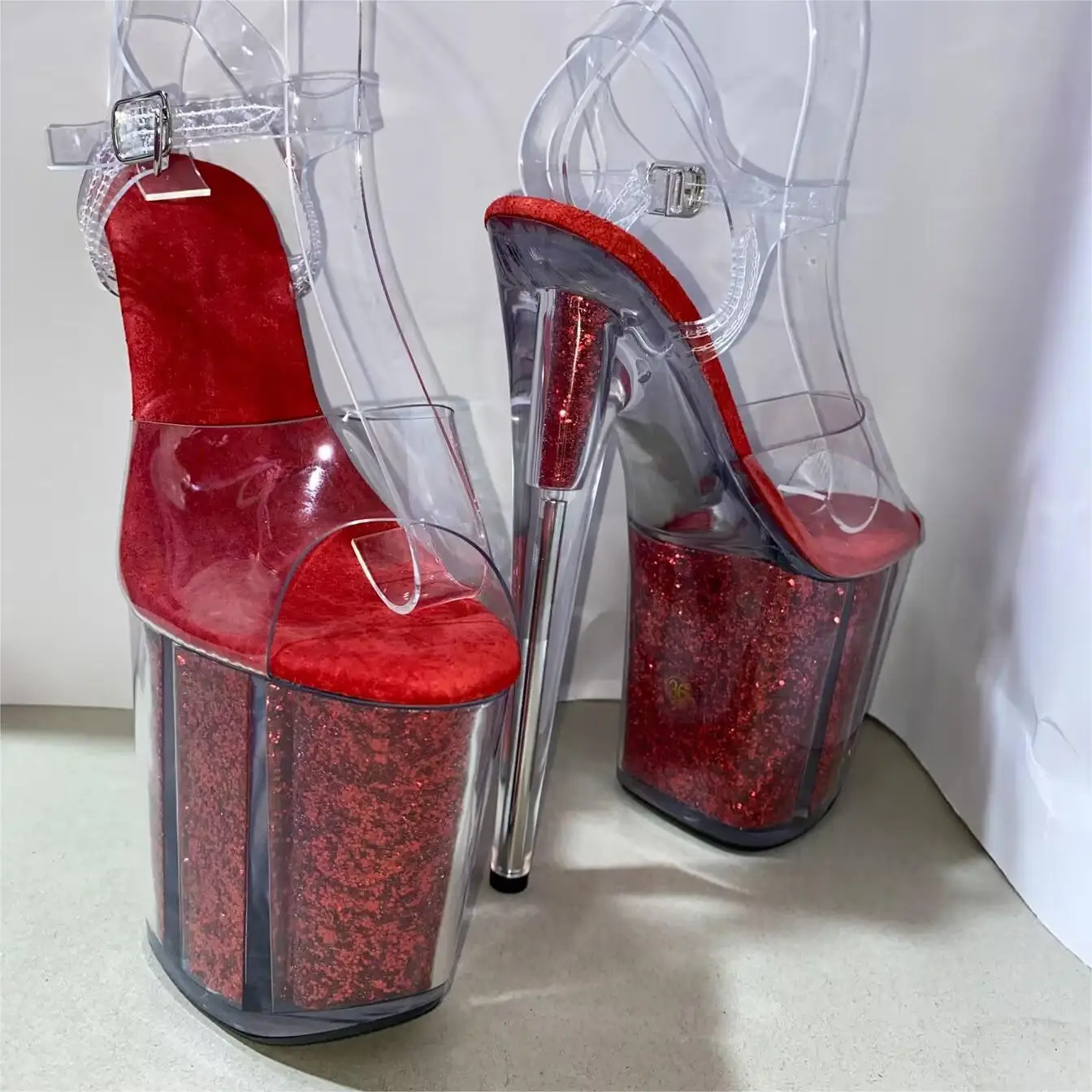 Red sequin 20cm sexy transparent platform sequin trim, 8-inch stiletto party nightclub shoes/pole dancing model sandals