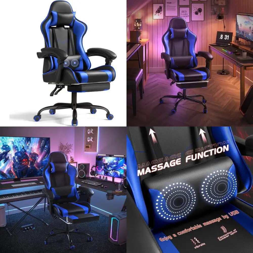 كرسي ألعاب فيديو قابل لضبط الارتفاع مع مسند للقدمين ودعم قطني للتدليك ومسند للرأس لراحة المكتب والألعاب #1