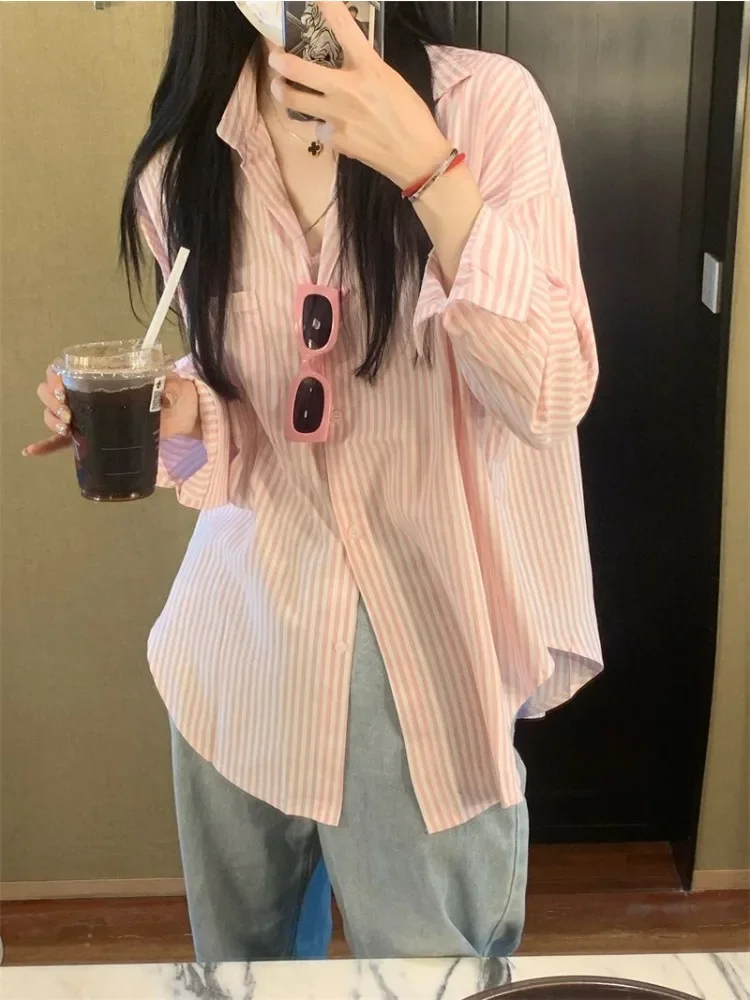 

Sweet Striped Shirts Women Korean Style Sun-proof Summer Harajuku Baggy Casual Aesthetic Turn Down Collar Blusas College Street