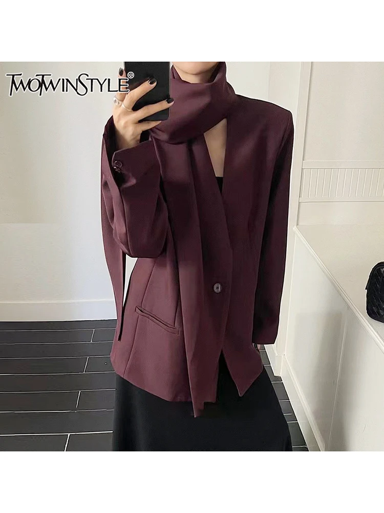 TWOTWINSTYLE Solid Patchwork Scarf Streetwear Blazer For Women V Neck Long Sleeve Spliced Button Slimming Blazer Female Fashion