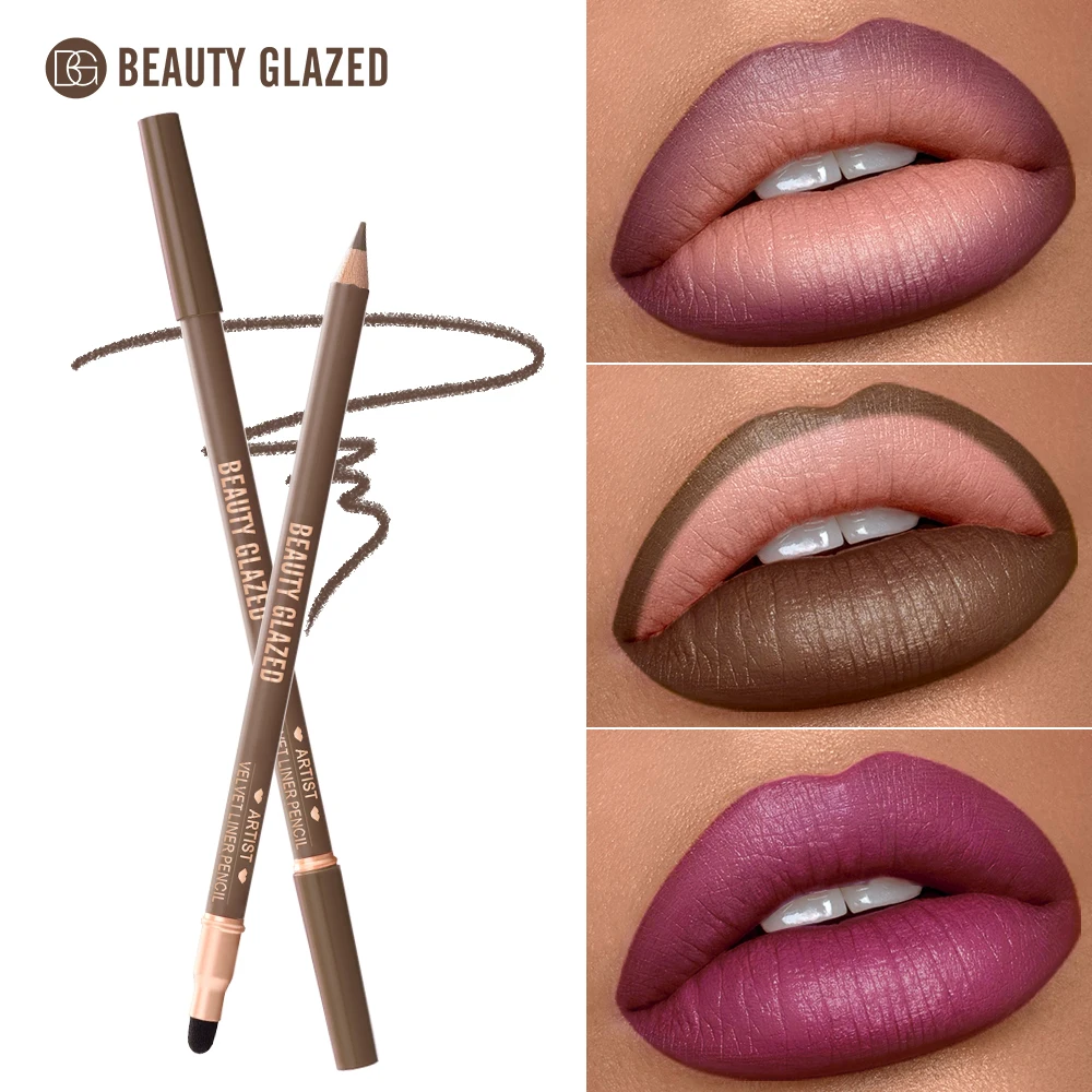 1 szt. Beauty Glazed Artist Velvet Lipliner Pencil z pędzelkiem z gąbki, bezwaga, precyzyjna kredka z super miękką, mieszalną teksturą