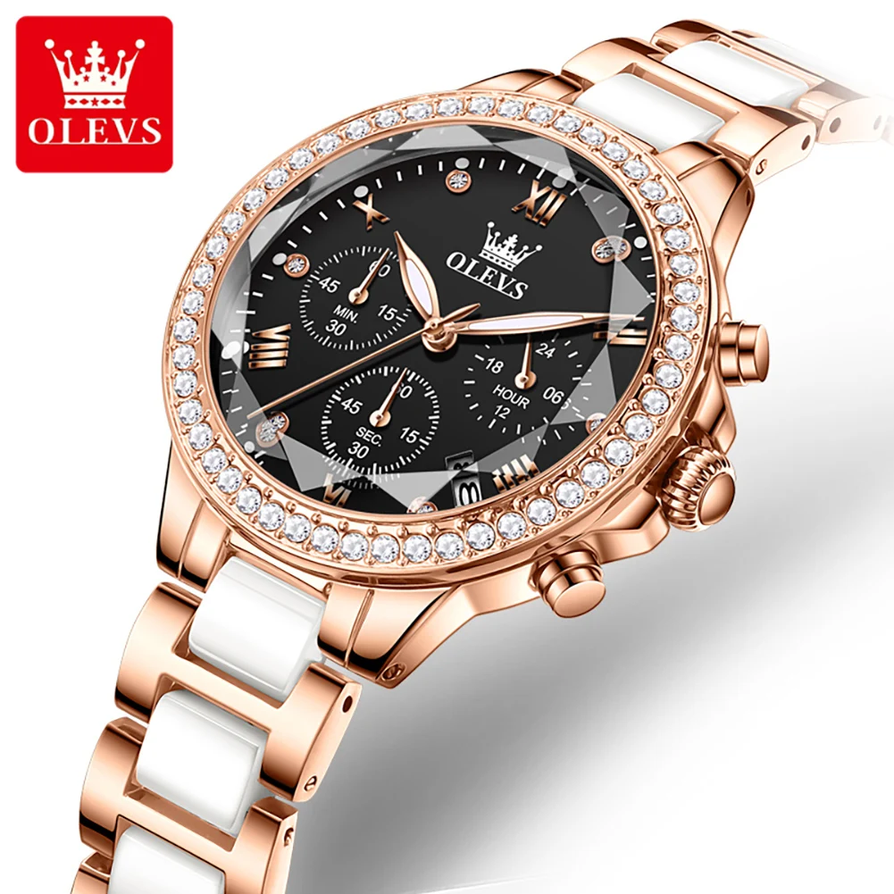 OLEVS-reloj de cuarzo de lujo para mujer, pulsera de cerámica con fecha luminosa, resistente al agua, elegante, 2024