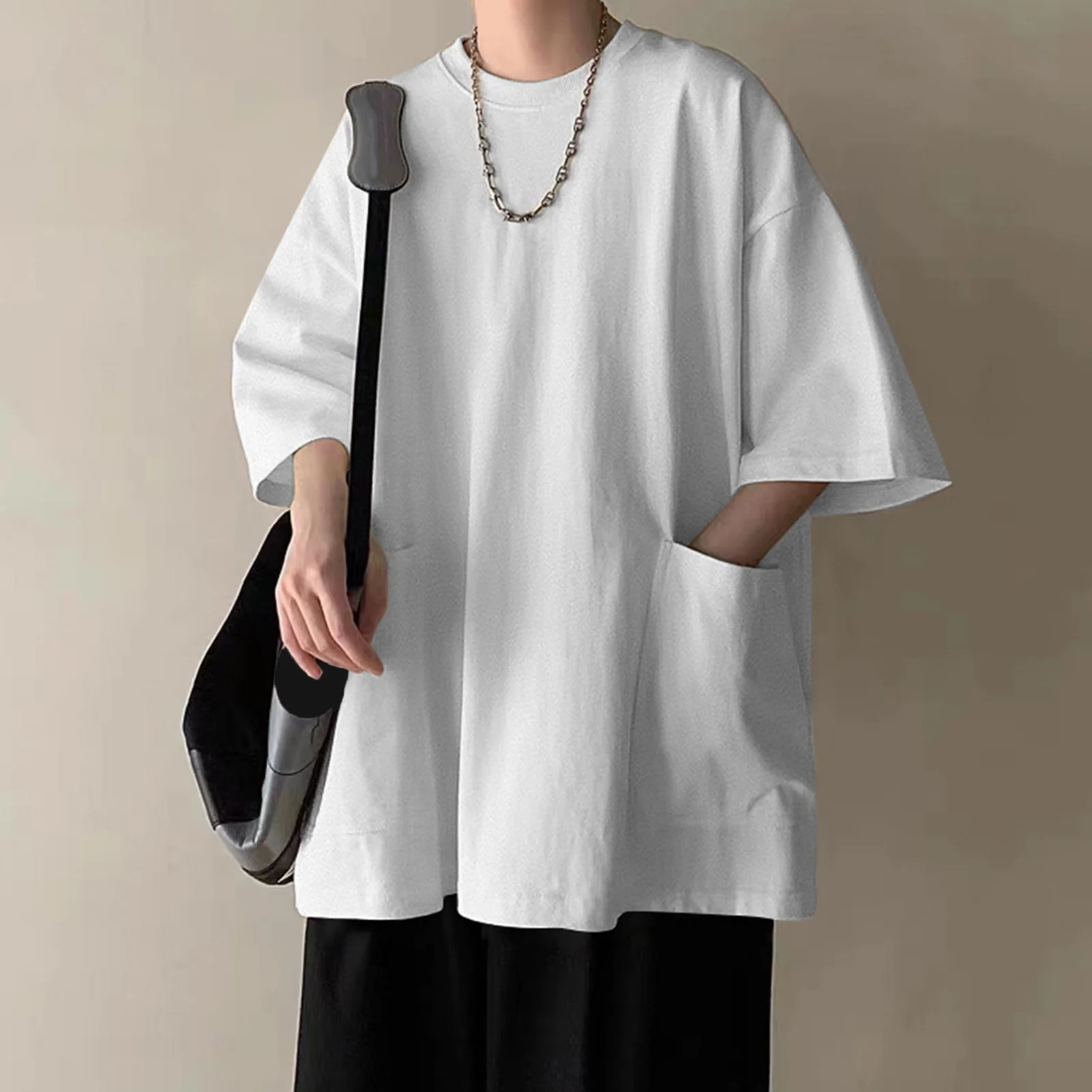 Summer Oversized T-shirt Solid Round Neck Loose Side Split T Shirt for Men Harajuku Half Sleeve Tee Simple Daily Tees