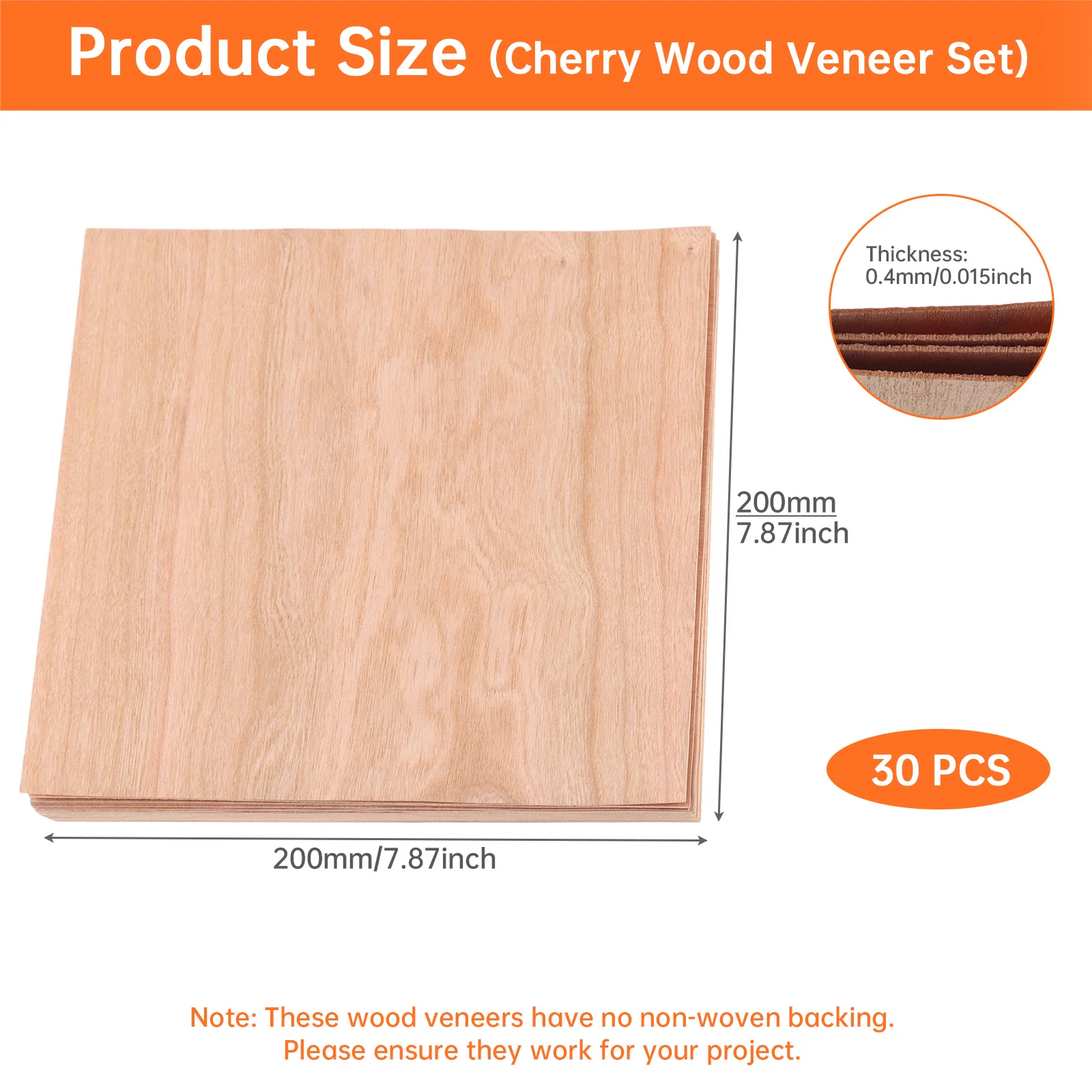 30 pcs Cherry Wood Veneer Sheets 8x8 inch 1/64 inch Thick Plain Sliced Natural Finish