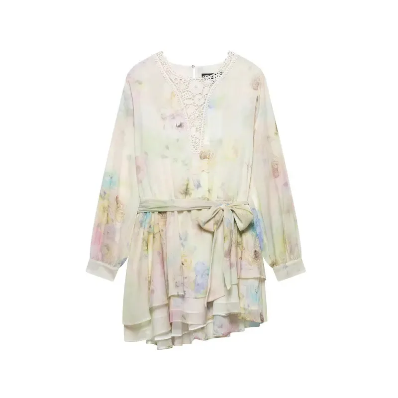 

Elegant Crochet Printed Dress Long Sleeve Ruffle Short Mini Beach Party Evening Dress Women Fashion 2025 Style