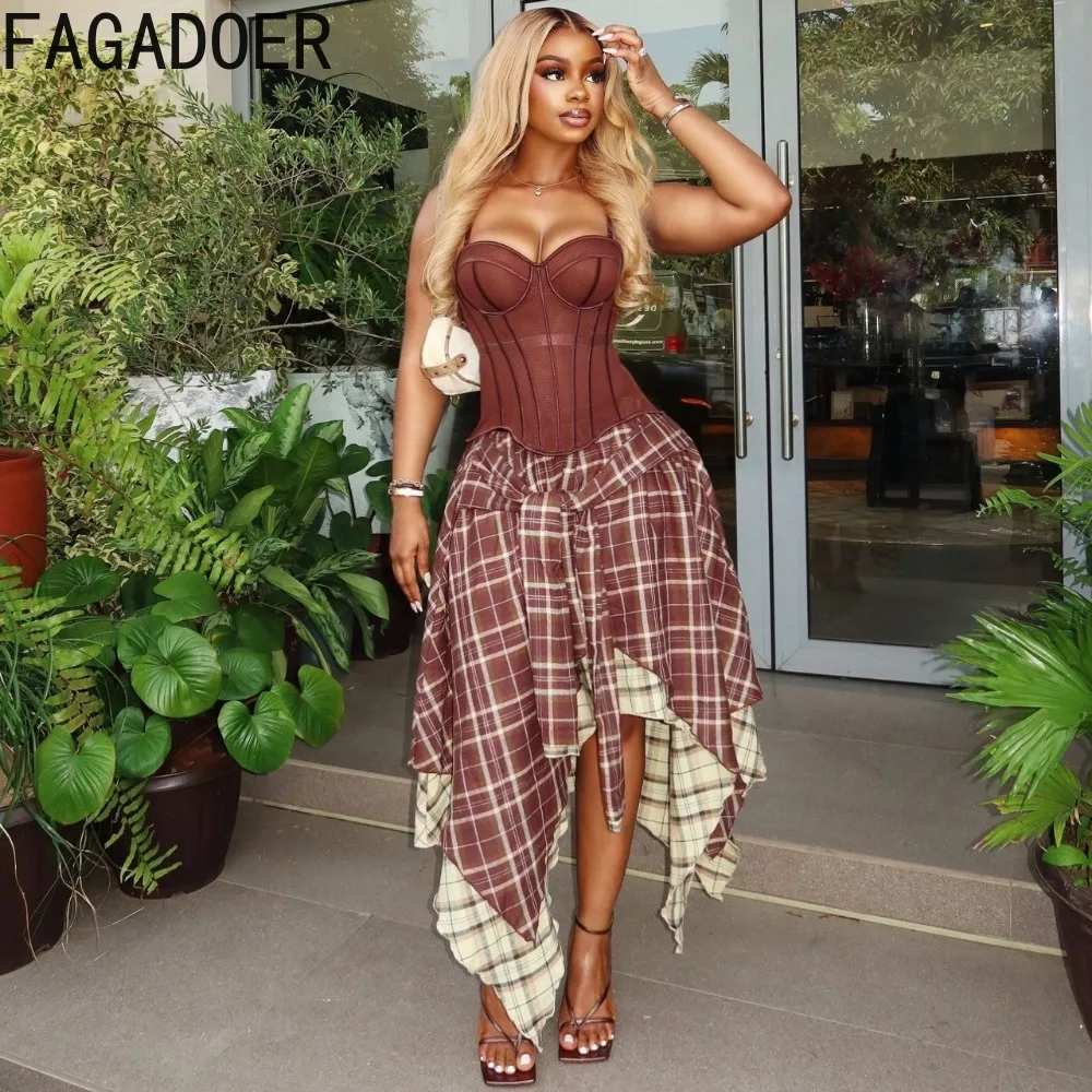 FAGADOER Vintage Irregular Plaid Skirt Sets 2pcs Outfits Spaghetti Strap Corset Tube Top and Bandage Patchwork Long Skirts Suits