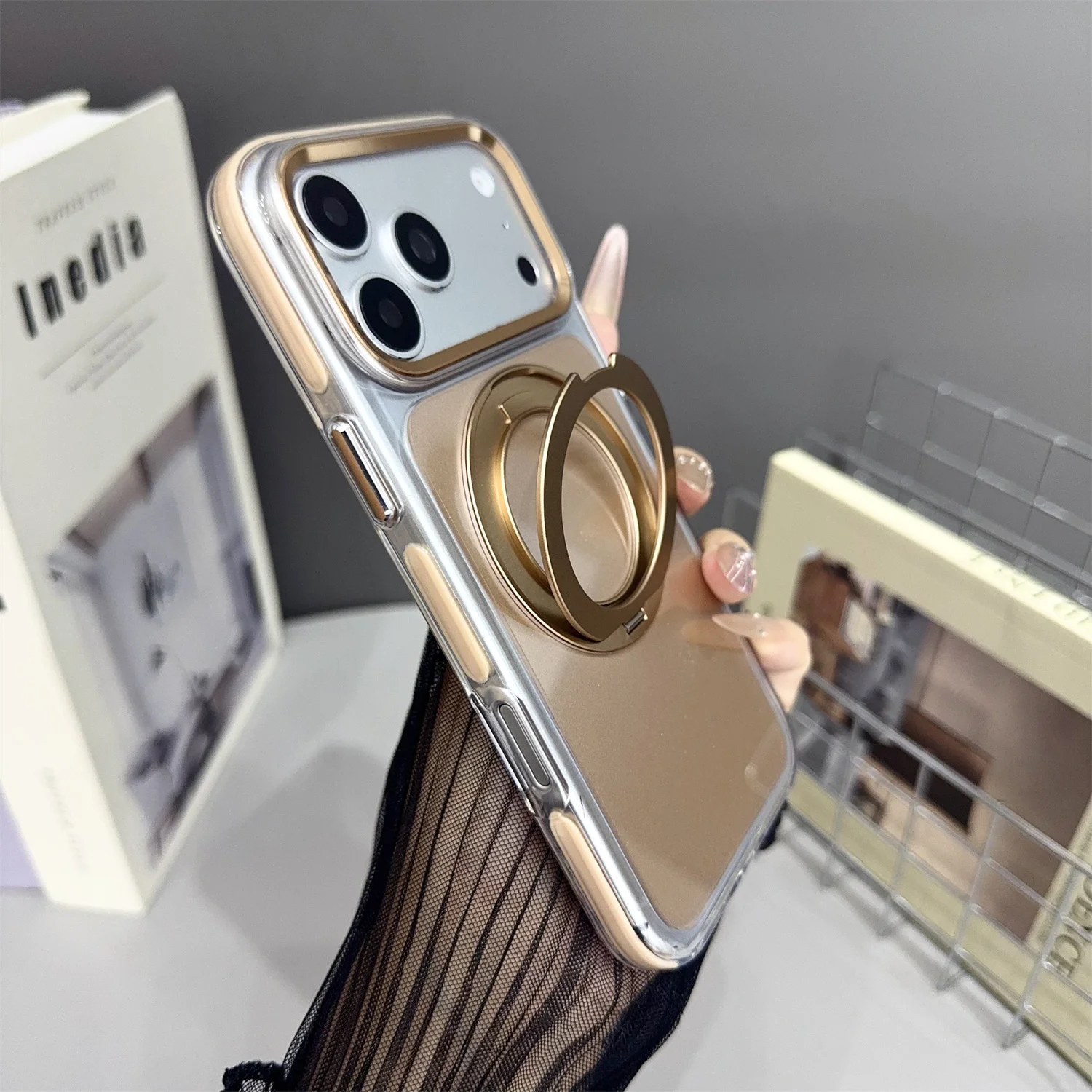 

For iPhone 17 Pro Max Magnetic Case Clear Luxury Aluminum Ring Stand 360° Rotating Shockproof Anti-Drop Transparent Cover