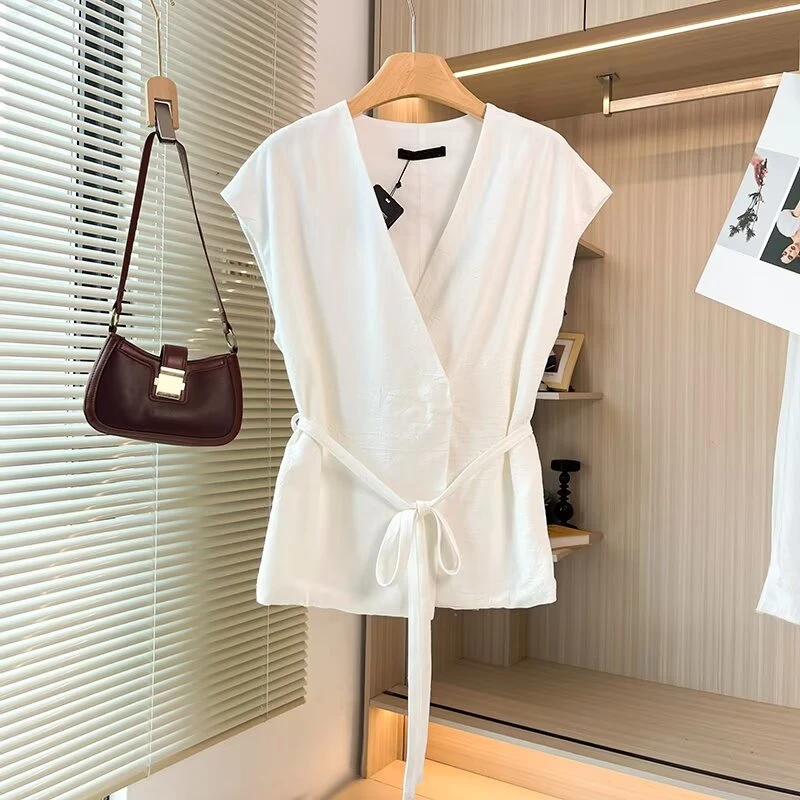

Jenny&Dave 2026 French Office Ladies Lazy Lace Up Waist Shirt Minimalist White Short-sleeved Blouse Women Tops Summer Suit