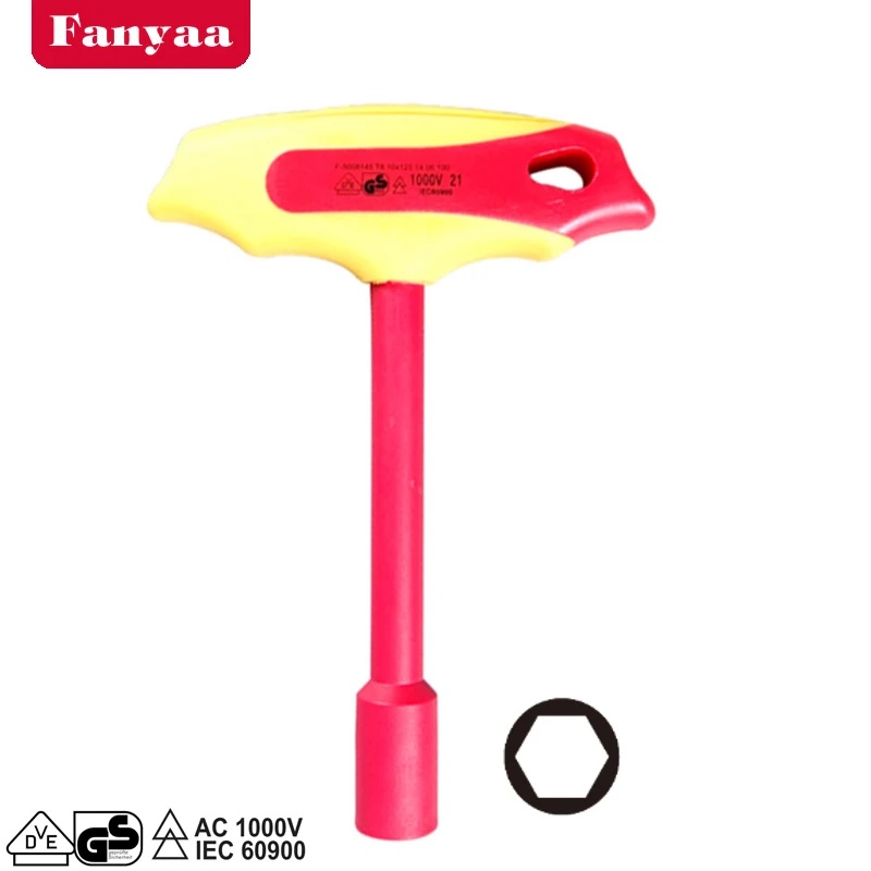 Fanyaa Insulated T-Handle Nut Hex Key Wrench, 4-14mm VDE 1000V Injection Spanner, Electricians Safety Lever, Crv, Anti-Slip Hand