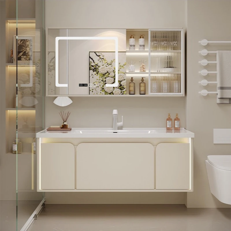 

Nordic minimalist Bathroom Cabinet Ceramic Integrated Basin large capacity mirror cabinet modern mobili casa bathroom furniture