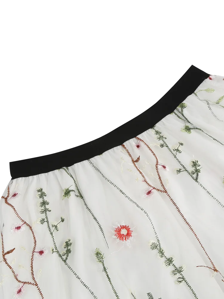 Tonval Floral Embroidered Mesh Overlay Lined Long Skirt Elastic Waist Women Elegant Festival Outfit Summer Vintage Skirts