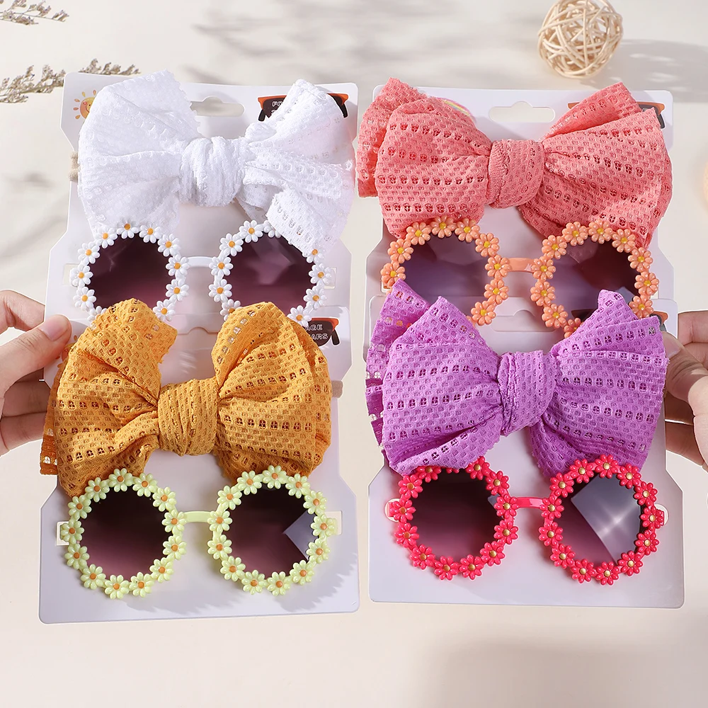 2Pcs/Set Fashion Card Daisy Baby Sunglasses Eyelet Bow Headband Set Elastic Nylon Hair Bands Seaside Sun Glasses Kids Headwear