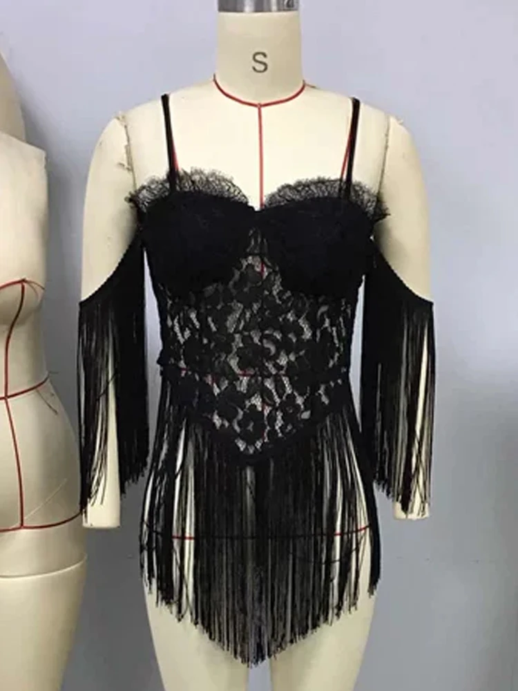 Women's Cold Shoulder Boho Lace Top For Women Spaghetti Strap Fringe Trim Sheer Mesh Summer Casual Streetwear Tank Top
