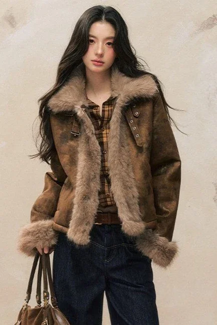 Jaqueta feminina de pele sintética outono e inverno emendada High Street Slim Fit Jaqueta curta