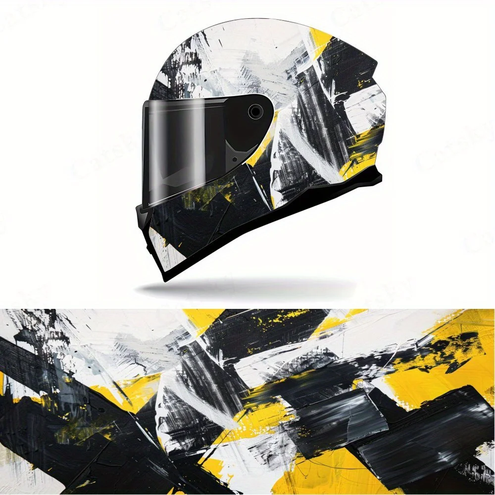 Calcomanías para casco integral con patrón de pincel negro y amarillo: PVC duradero e impermeable, carreras de motos autoadhesivas