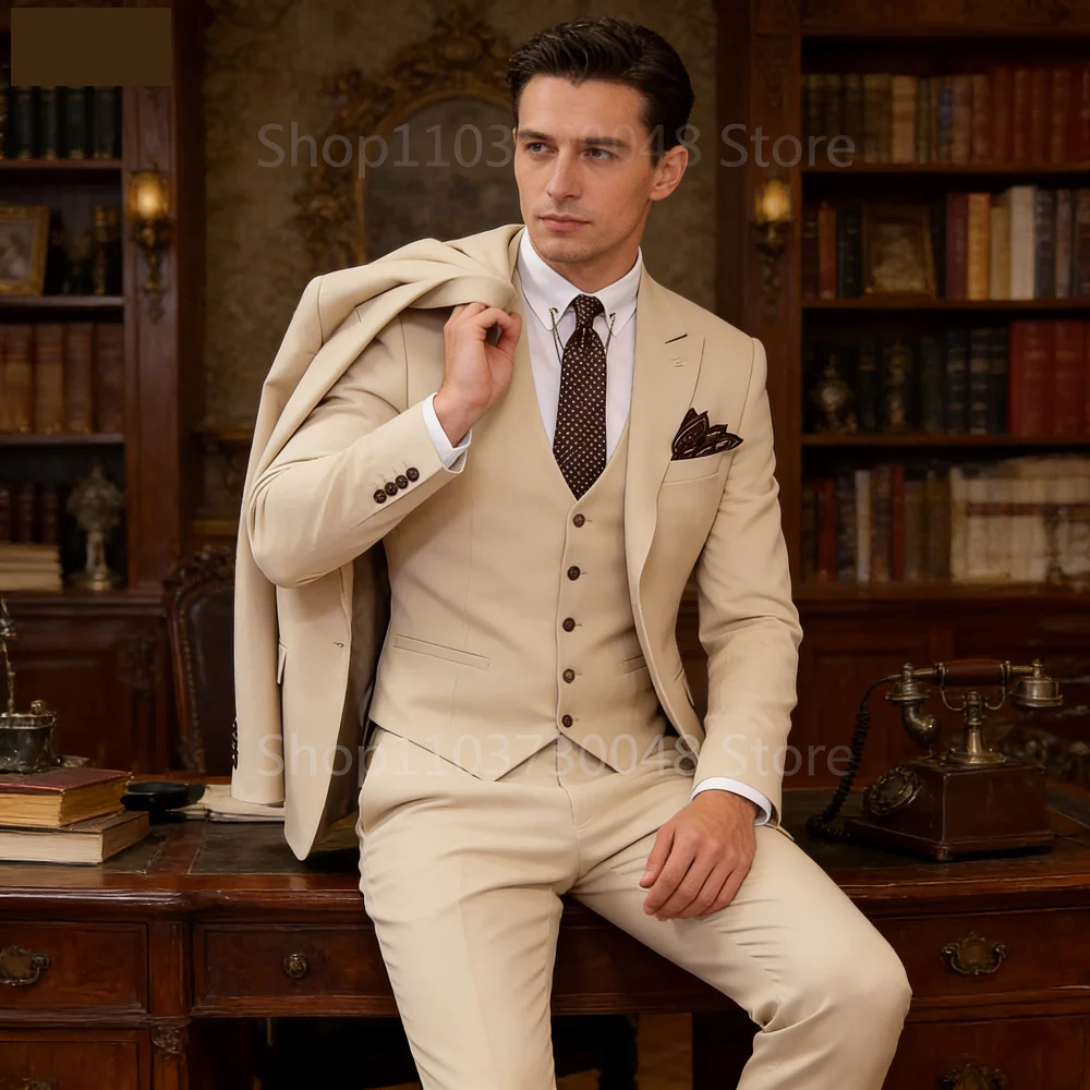 

3 Piece Khaki Slim Fit Tuxedo Men's Suit Peak Lapel Formal Wedding Dance Party Smocking Blazer + Vest Set for Men