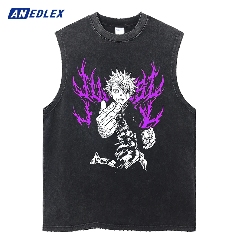 

Summer Men Vintage Streetwear Sleeveless T-Shirts Cotton Tops Tees Washed Anime Print Casual Tops Harajuku Oversize Tank Top