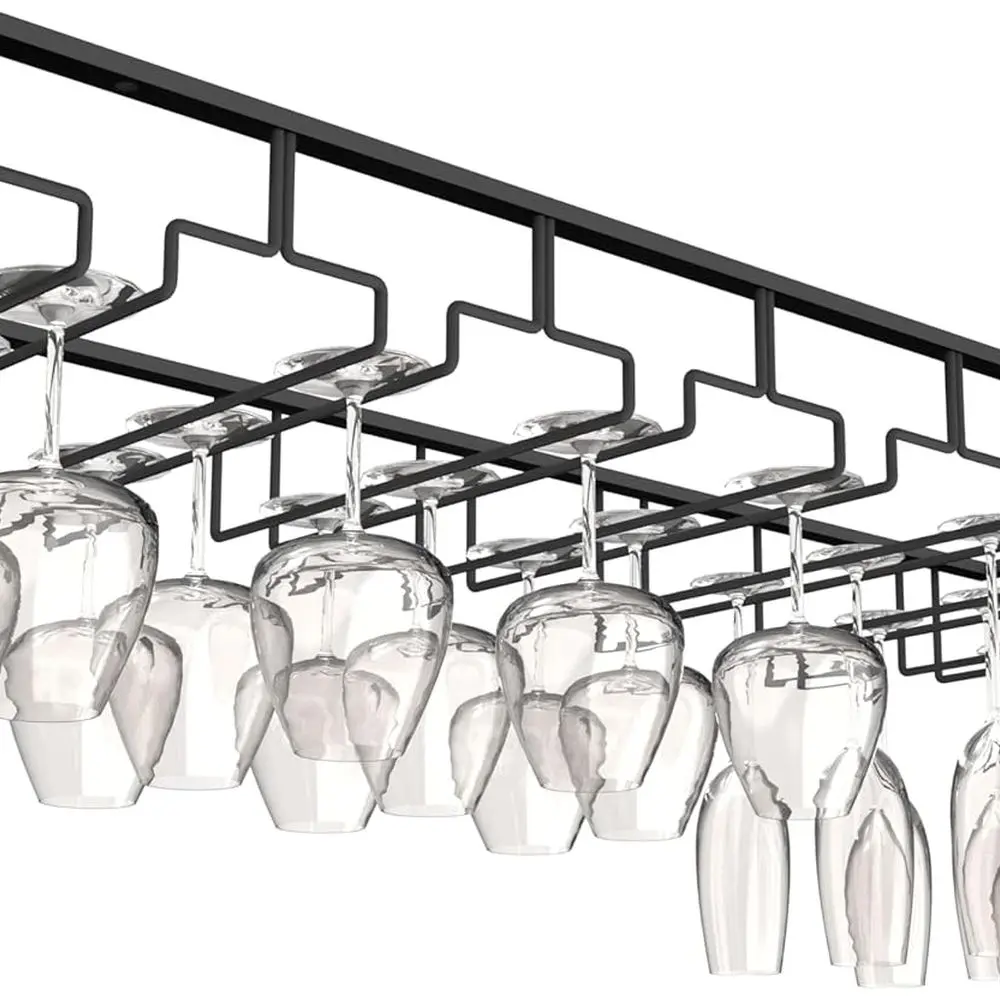 

Black Metal 7-Tier Stemware Rack - Hanging Under Cabinet Wine Glass Holder for Kitchen & Bar - Holds 22 Glasses