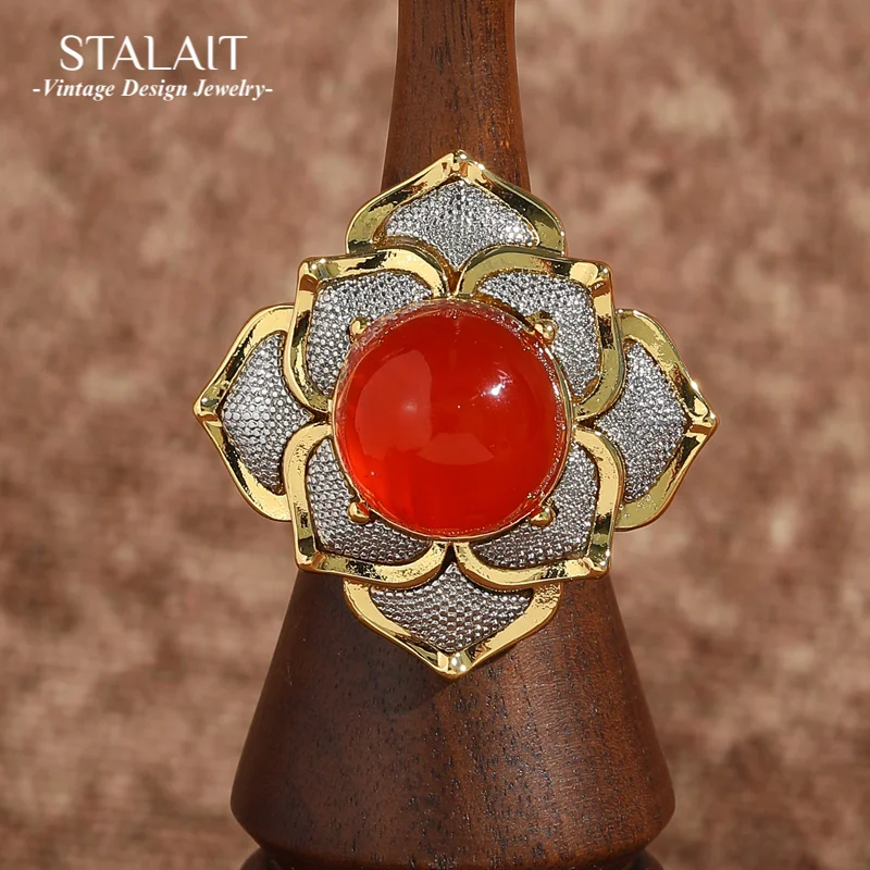 

Vintage Red Agate Sunflower Flower Ring Gold Color Large Jewelry Luxury Designer For Women Thanksgiving Cocktail Accessories