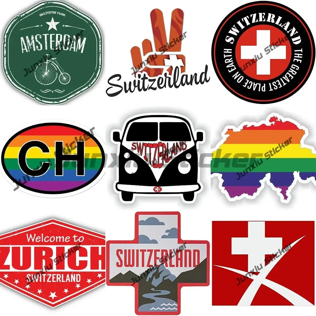 Van Switzerland Sticker Swiss Amsterdam Zurich Travel Stamp Decalso for Cars Truck Motorcycle Stickers Custom Decals Decoration