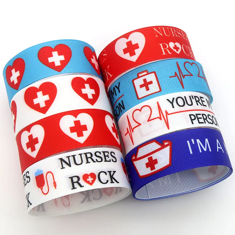 DHK 50yards Nurse Love Printed Grosgrain Ribbon Accessories Material Headwear Decoration DIY Sewing Craft S1755