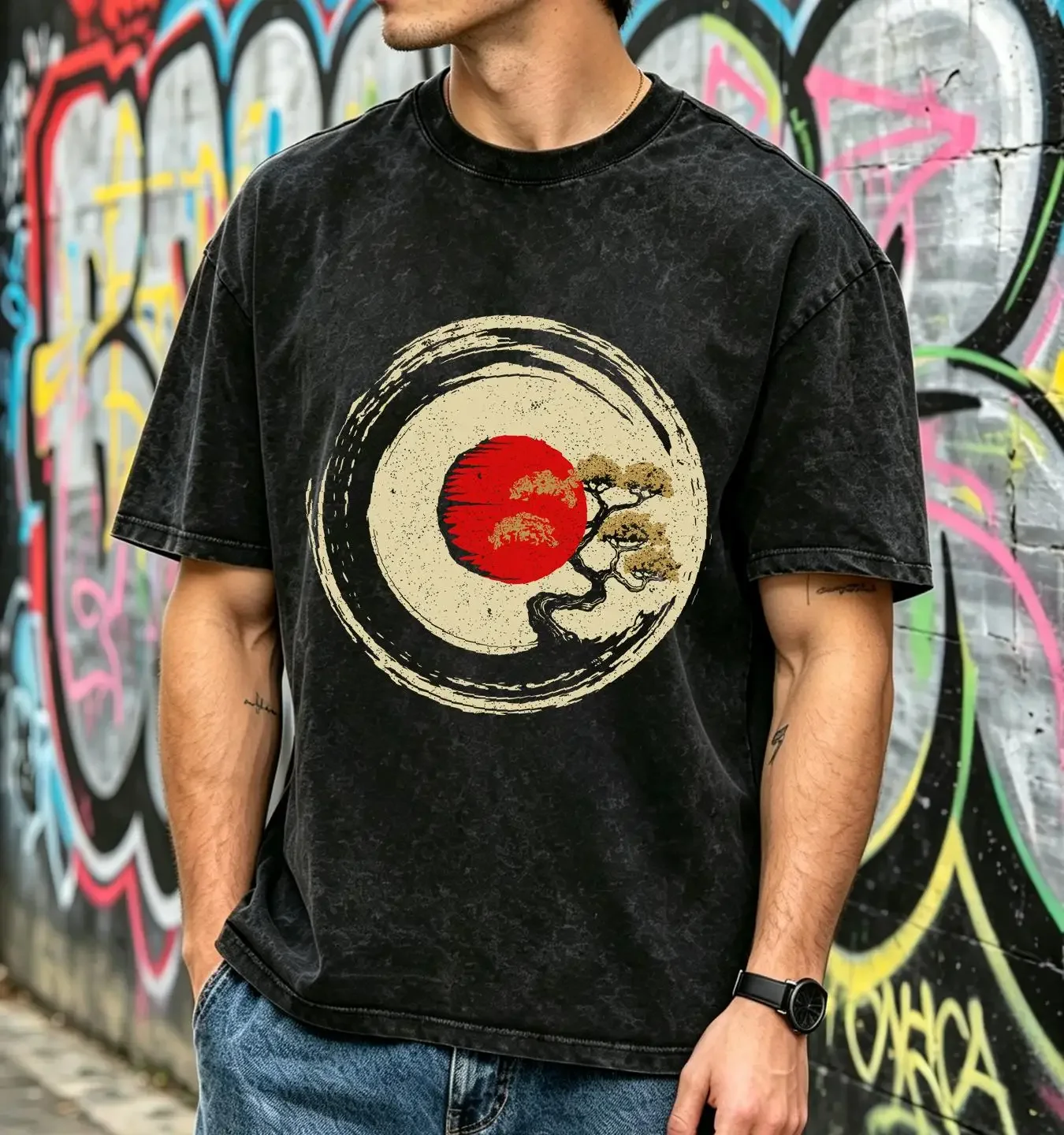 washed T Shirt Vintage Bonsai Tree In Japanese Zen Buddhist Circle S 4XL vintage Washed graphic streetwear Soft Comfortable