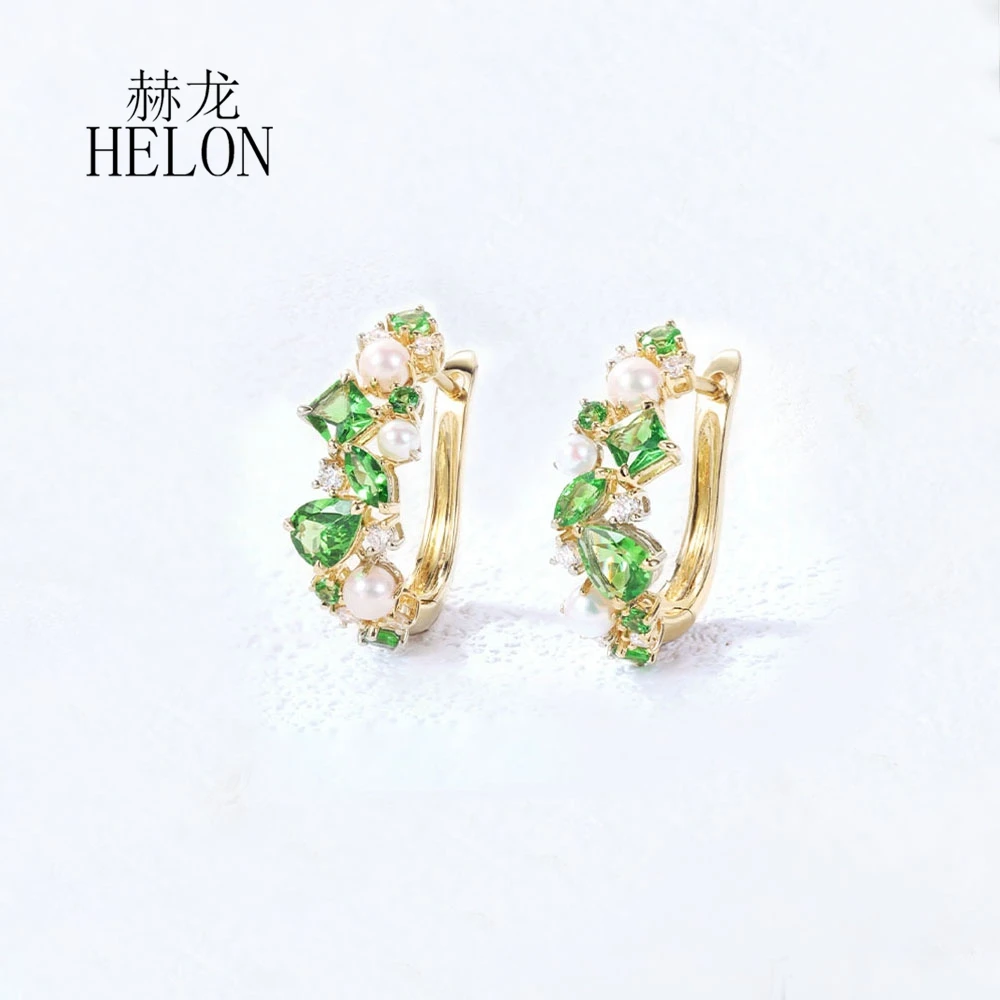 HELON Solid 14k Yellow Gold Genuine Tsavorite Diamond Earrings Real White FreshWater Pearl Luxury Sunshine Women Fine Jewelry