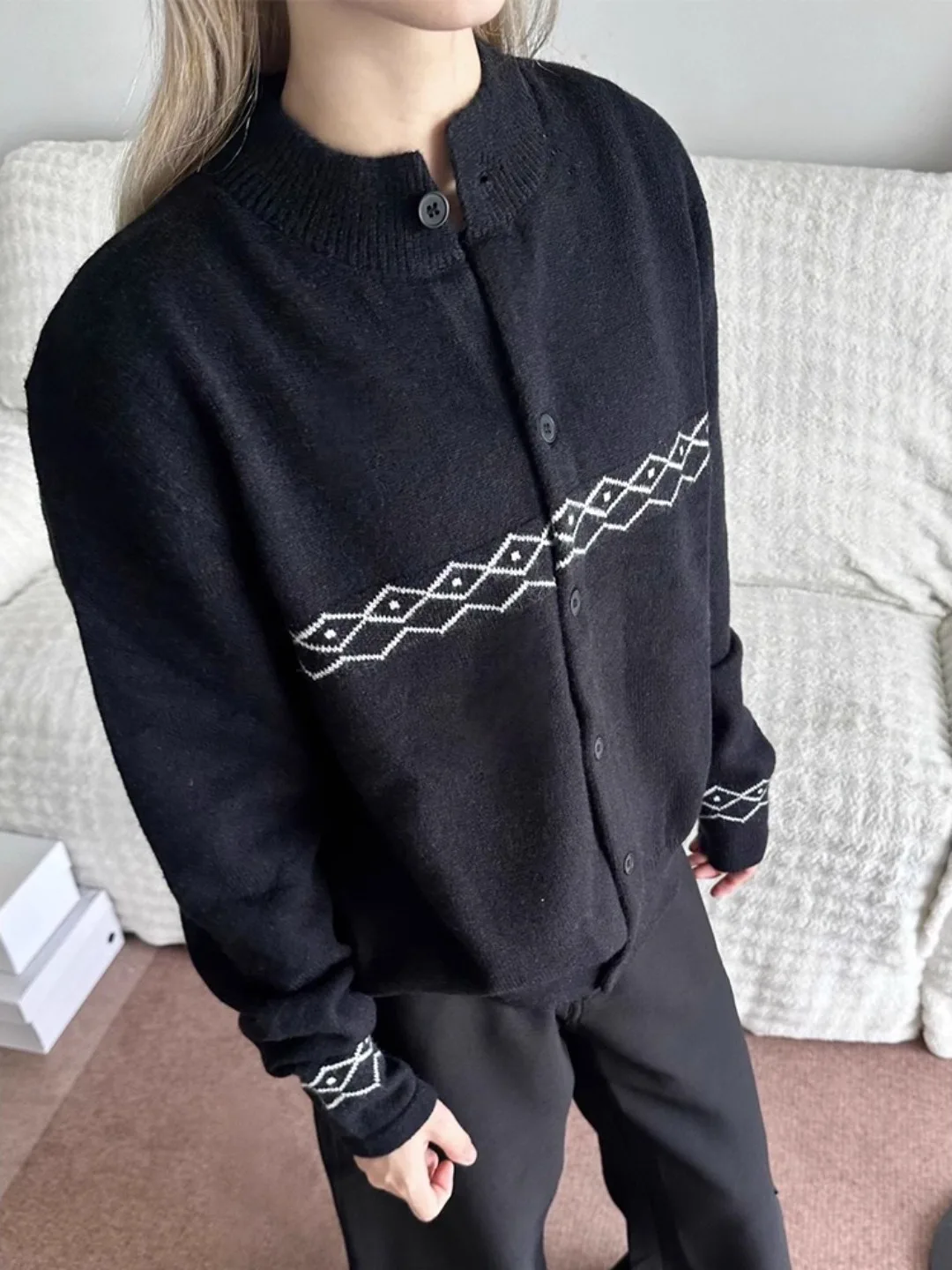 

Bla Fair Isle Knitted Cardigan Sweater Men's Casual Loose Sle Embroidery Top Women's Autumn High End Feeling Lazy Sle K...