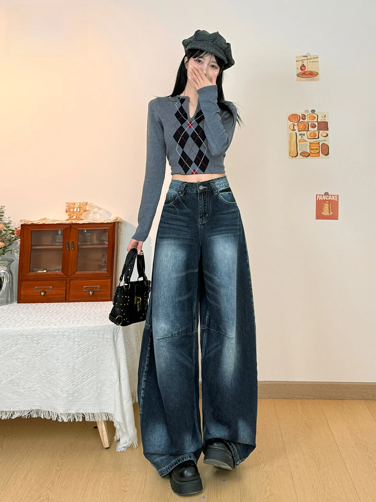 

Женские джинсы в стиле ретро, американский дизайн, сине-серые, с высокой талией, свободного кроя, удлиненные, с эффектом похудения, повседневные, весна-лето