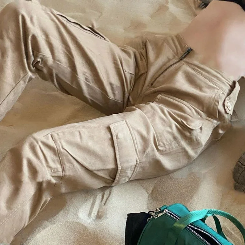 Vintage American Khaki Straight Casual Work Pants Women's Trendy Loose Wide Leg Long Trousers Personality High Waist Street S...
