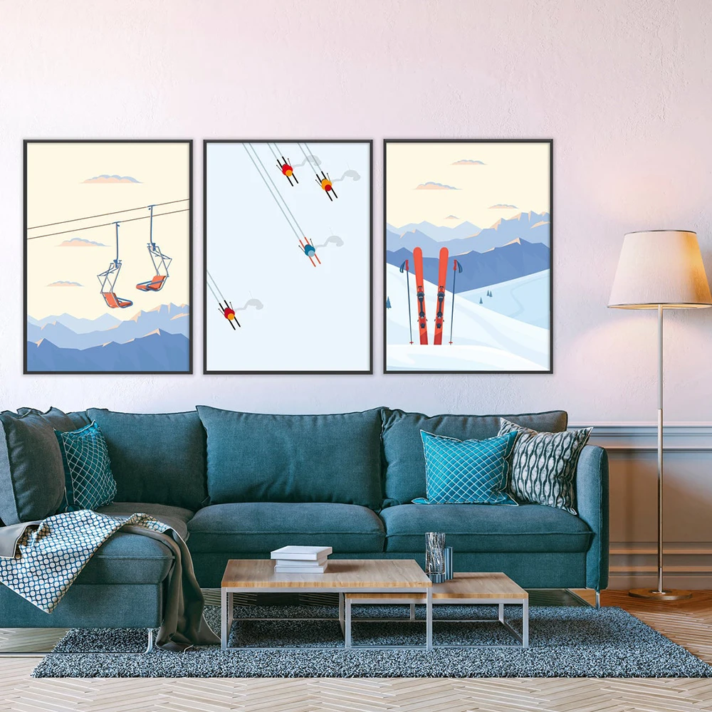 Vintage Ski Lift Skier Dream Gift Christmas Wall Art Canvas Painting Posters Prints for Living Room Decor