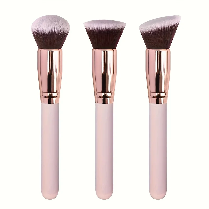 Conjunto de 3 Pincéis de Maquiagem Profissionais com Pincéis para Base, Blush e Sombra - Cerdas de Nylon Macias, Portátil e Ideal para Viagens