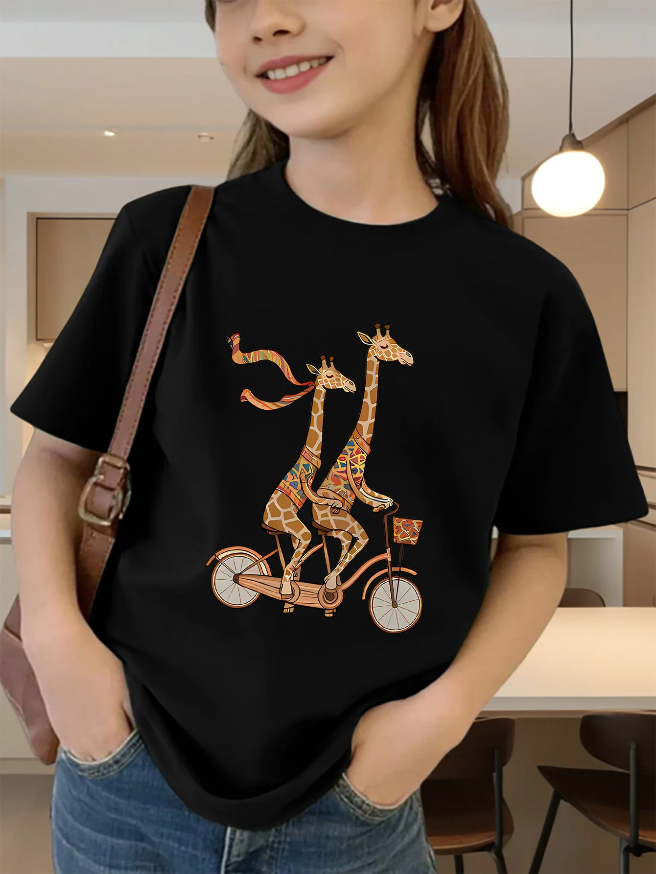 Cute Two Giraffes Riding Bicycle Print Graphic Kids Tee Boys Girls Family Matching Cotton Crew Neck Short Sleeve Soft Summer Tee