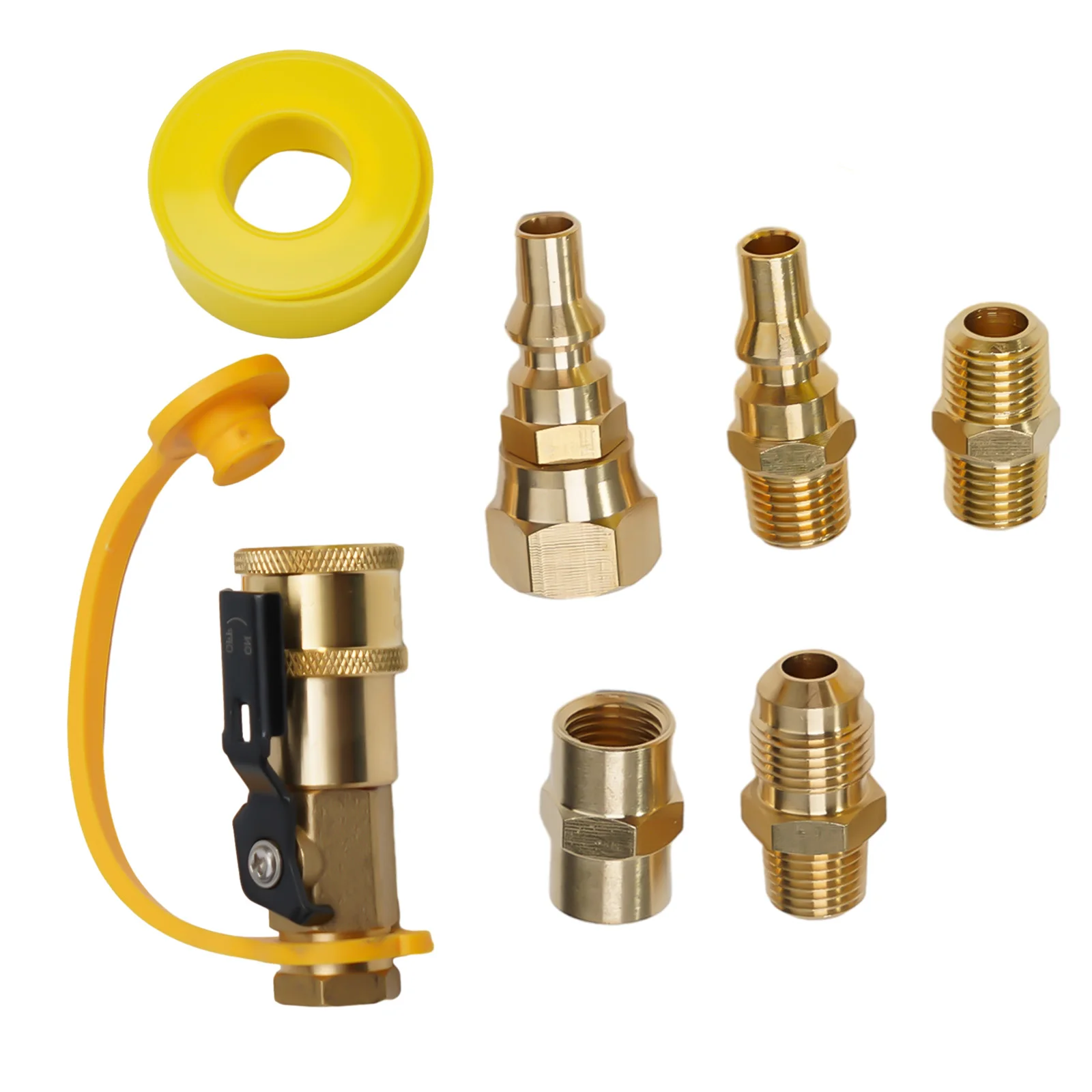 7 Piece RV Propane Quick Connect Adapter Kit Brass Construction Convenient Shut off Valve Wide Range of Applications