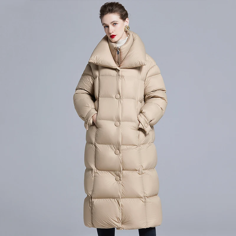 معطف منتفخ طويل جدًا للنساء مع ياقة كبيرة الحجم، سترة شتوية مبطنة باللون البيج، أناقة دافئة وبسيطة